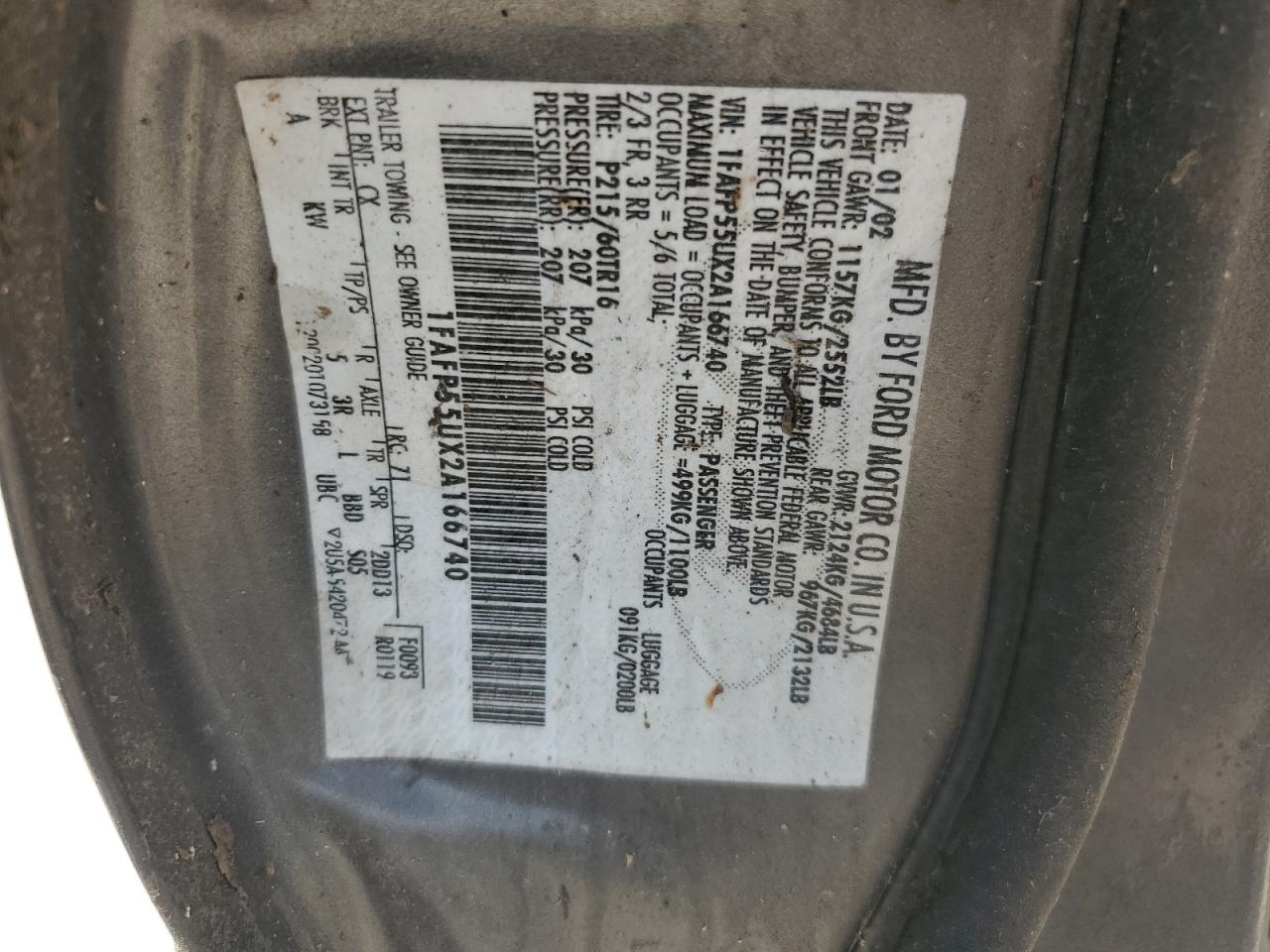 2002 Ford Taurus Ses VIN: 1FAFP55UX2A166740 Lot: 61257665