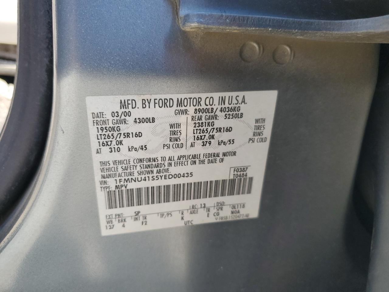 2000 Ford Excursion Xlt VIN: 1FMNU41S5YED00435 Lot: 66228275