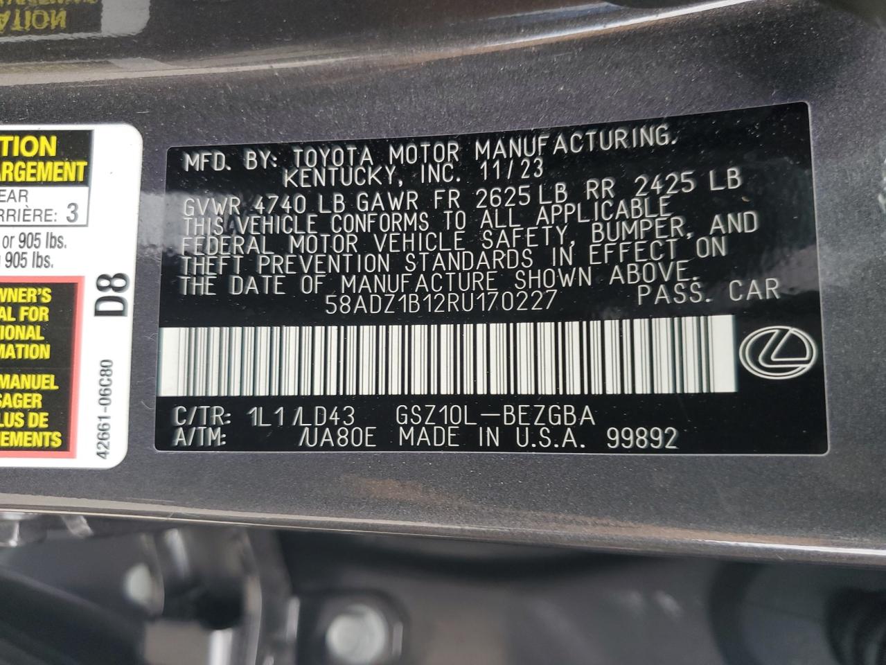 2024 Lexus Es 350 Base VIN: 58ADZ1B12RU170227 Lot: 63861685