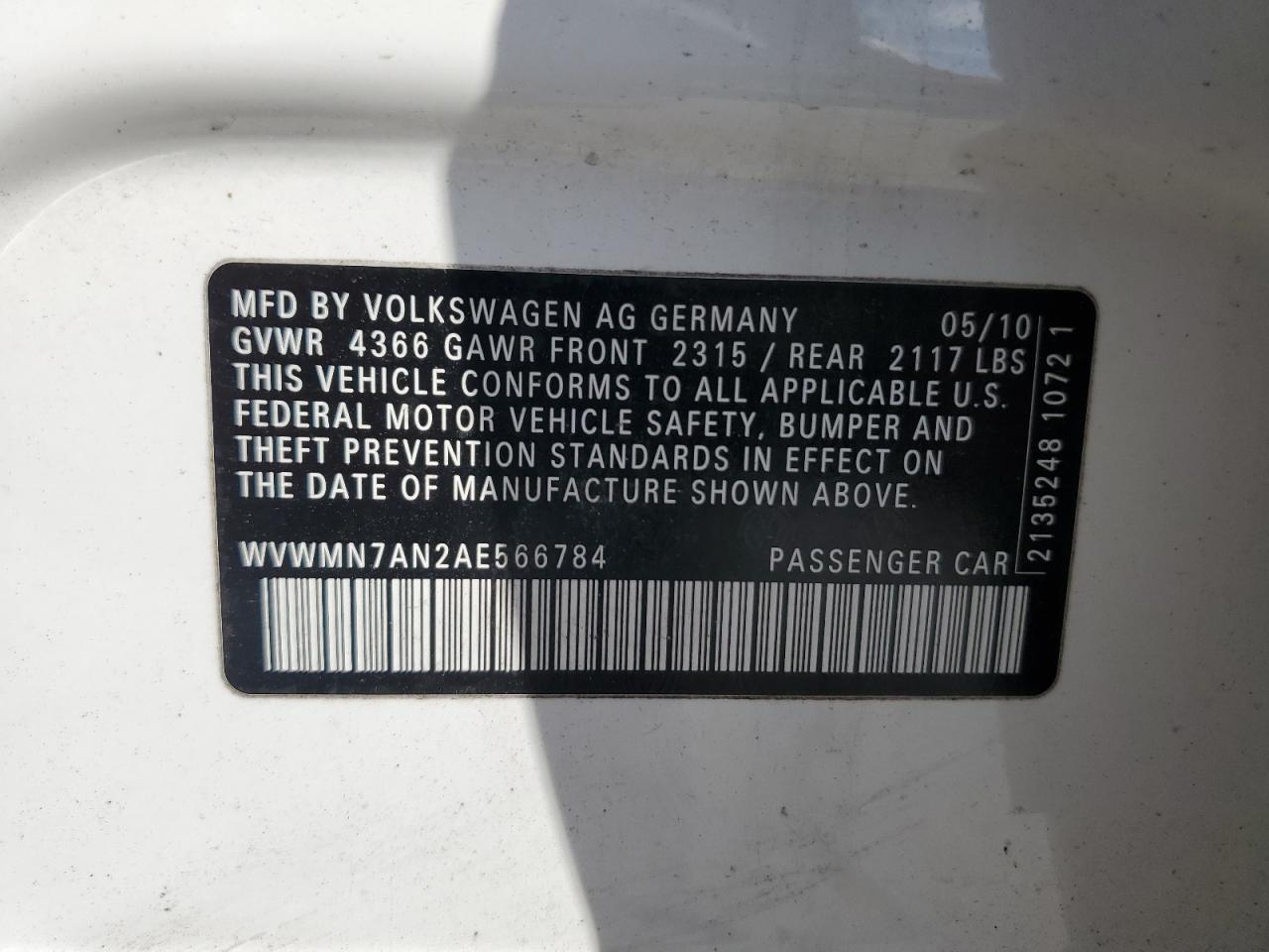 2010 Volkswagen Cc Sport VIN: WVWMN7AN2AE566784 Lot: 65627275