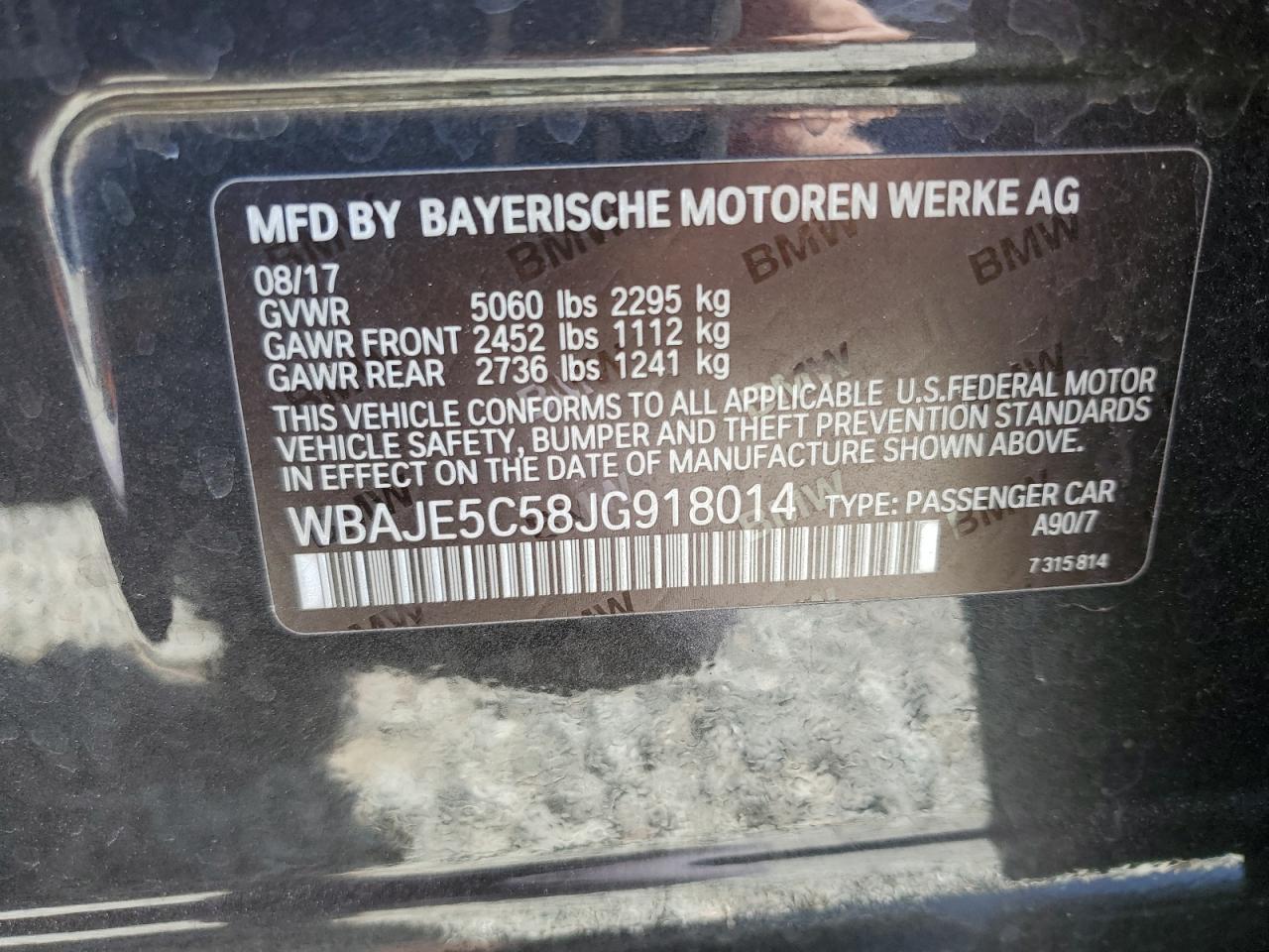 2018 BMW 540 I VIN: WBAJE5C58JG918014 Lot: 64335285