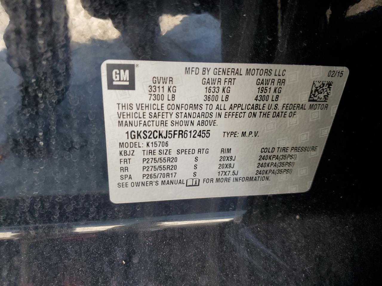 1gks2ckj5fr612455 1GKS2CKJ5FR612455 2015 GMC Yukon Denali