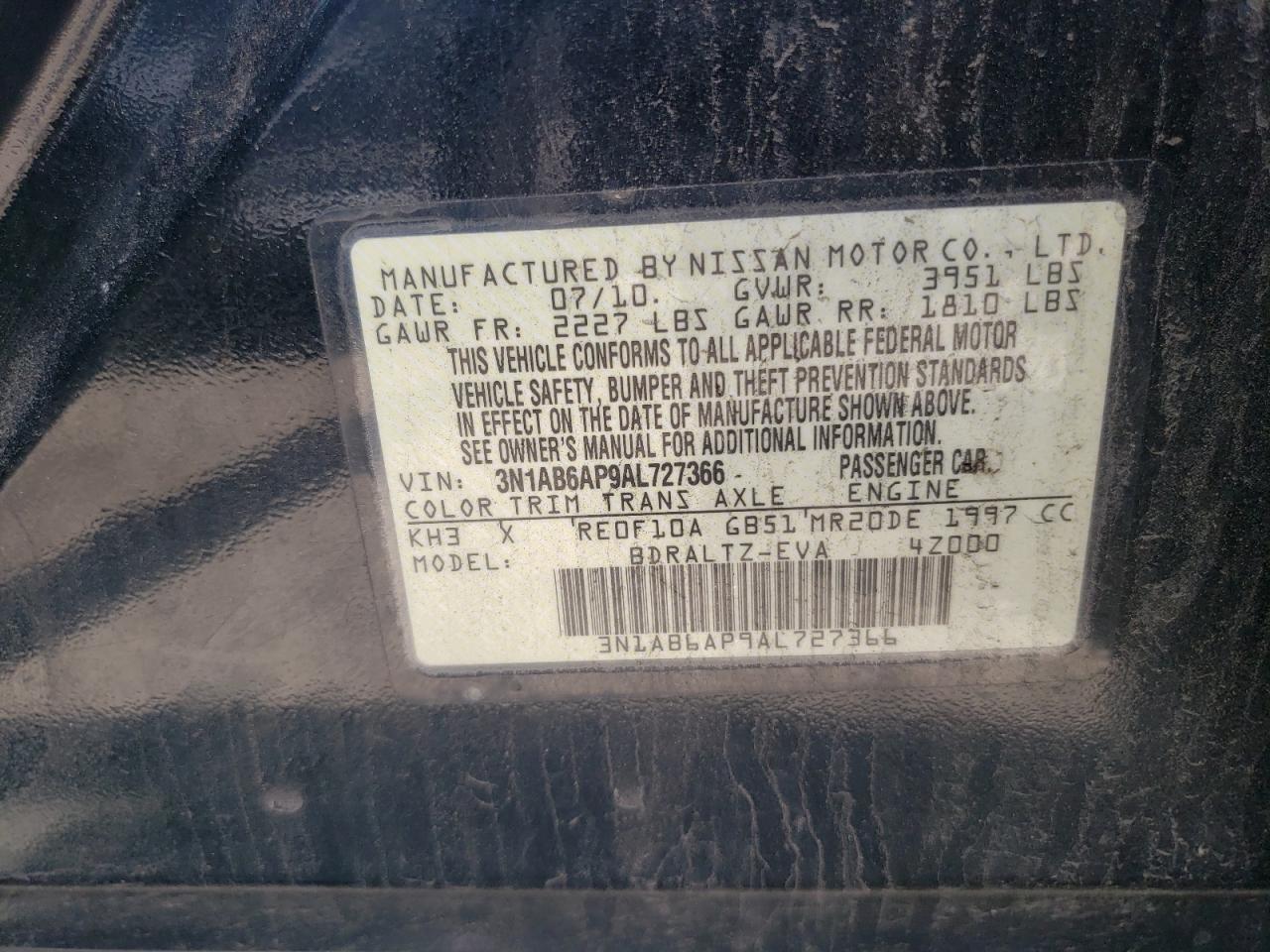 2010 Nissan Sentra 2.0 VIN: 3N1AB6AP9AL727366 Lot: 62870505