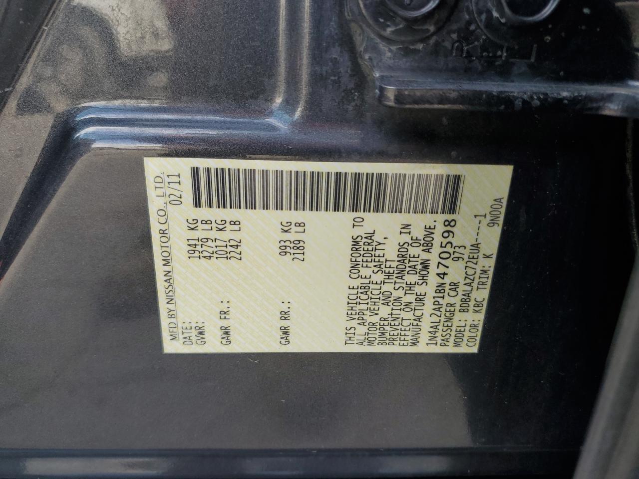 2011 Nissan Altima Base VIN: 1N4AL2AP1BN470598 Lot: 65726675