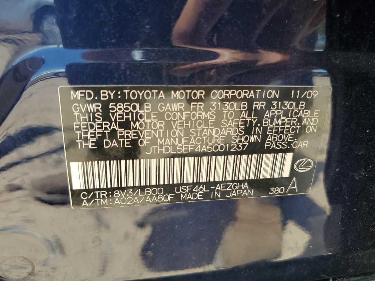 2010 Lexus Ls 460L VIN: JTHDL5EF4A5001237 Lot: 64405685