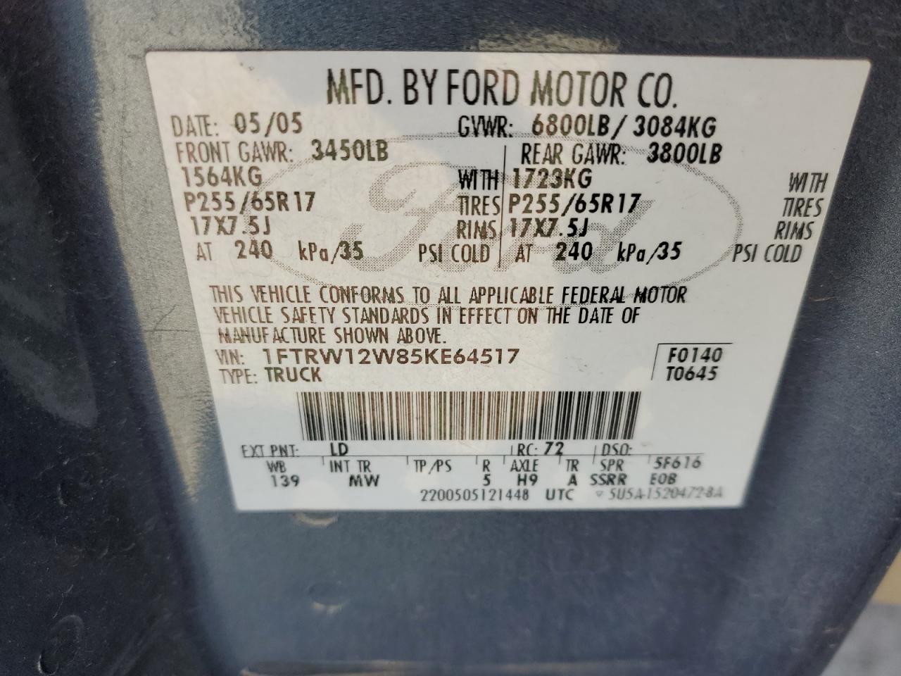 2005 Ford F150 Supercrew VIN: 1FTRW12W85KE64517 Lot: 65470235
