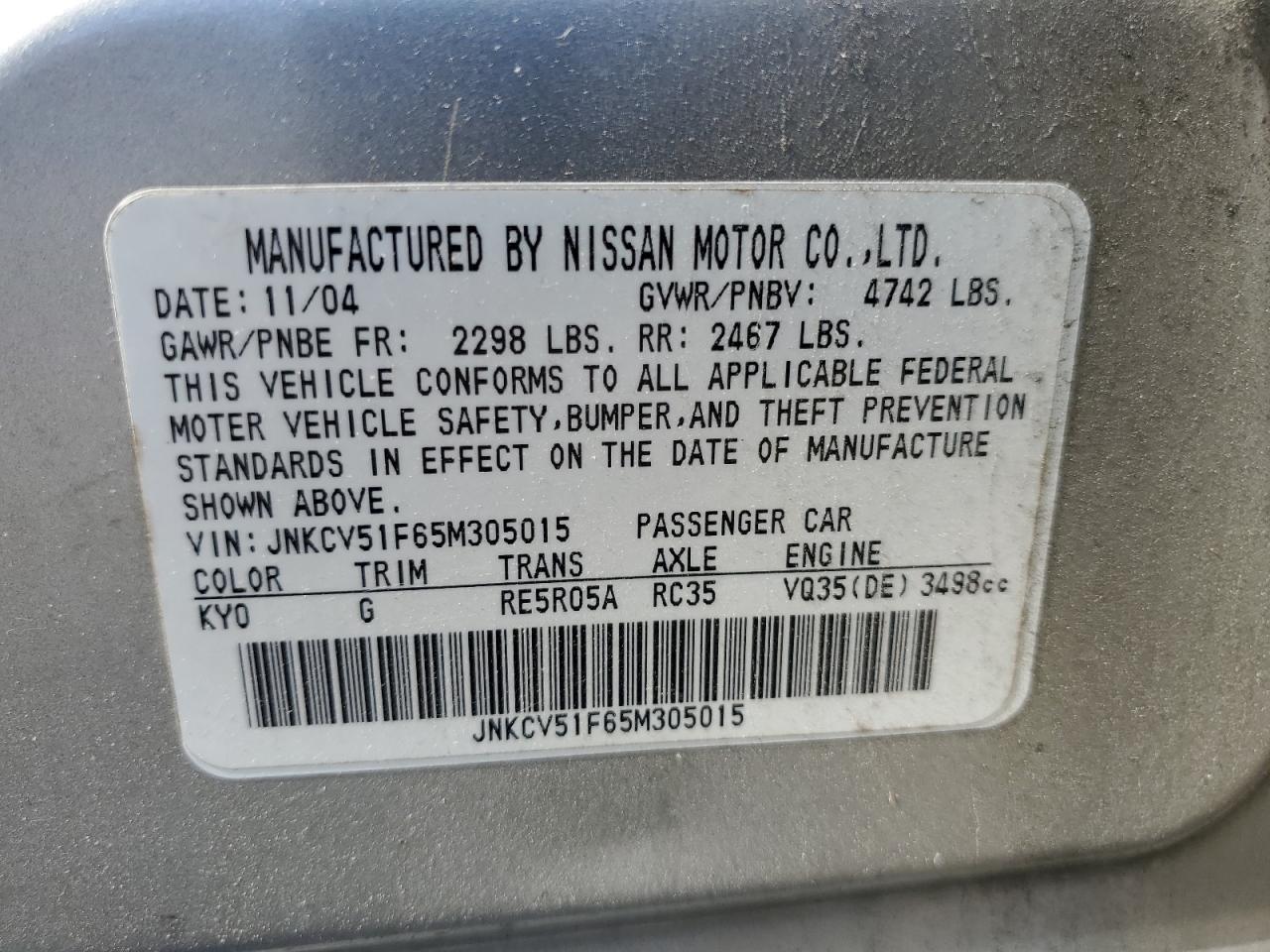 2005 Infiniti G35 VIN: JNKCV51F65M305015 Lot: 63694045