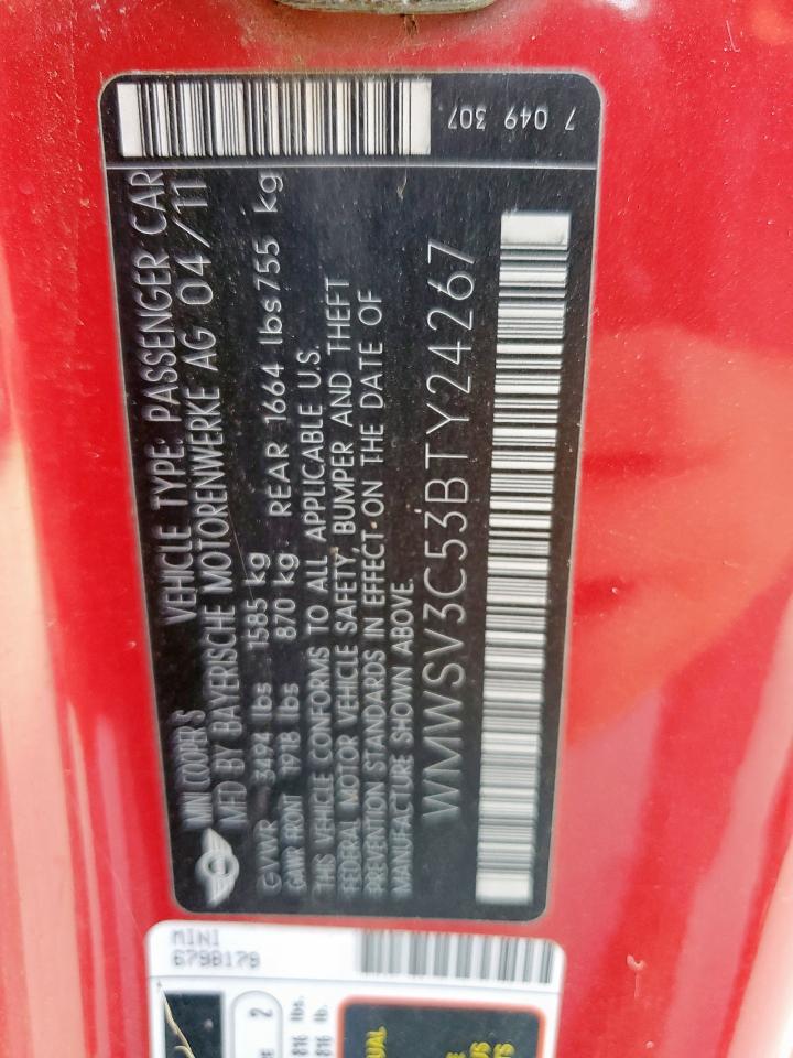 2011 Mini Cooper S VIN: WMWSV3C53BTY24267 Lot: 65991425