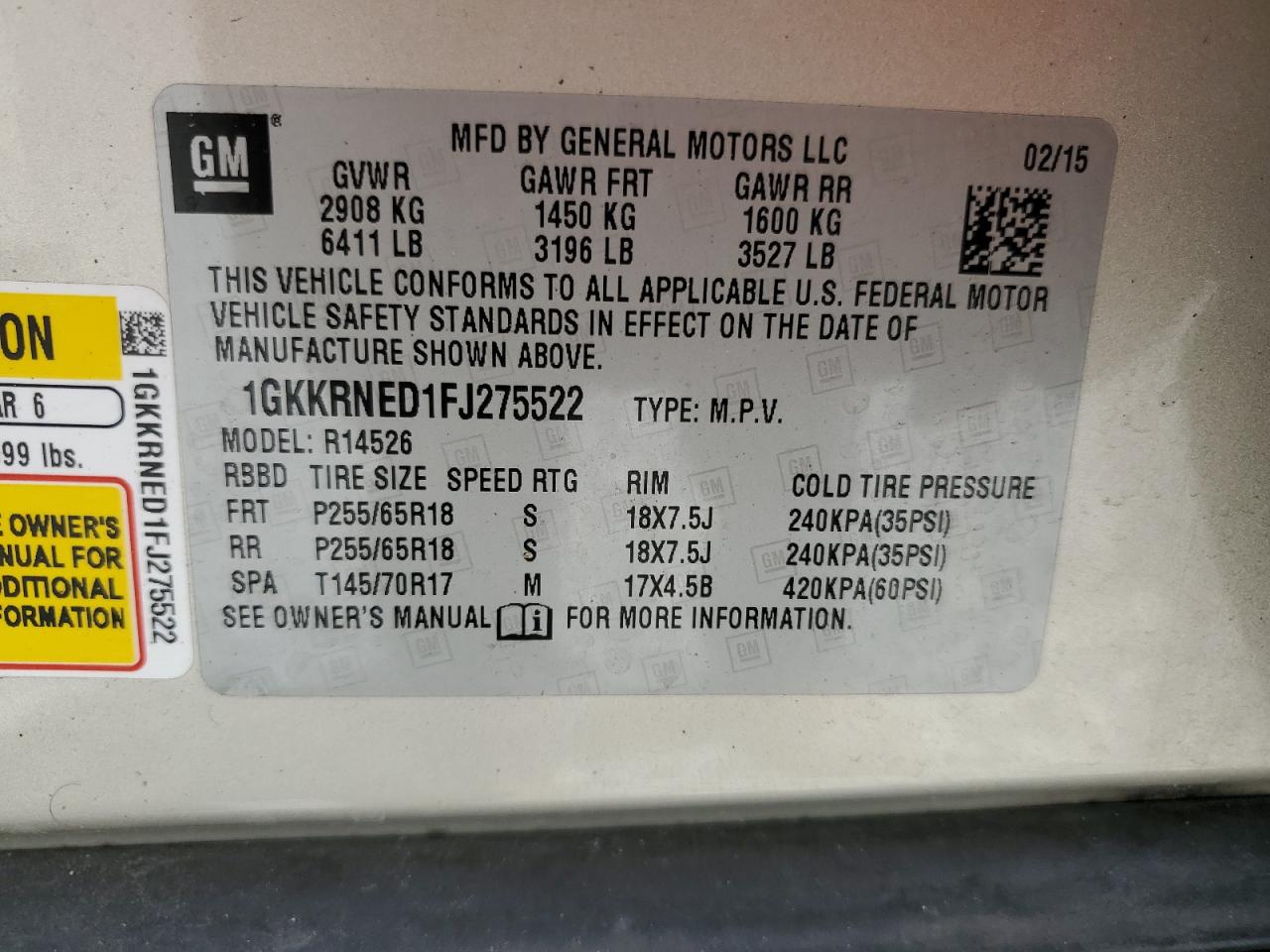 1gkkrned1fj275522 1GKKRNED1FJ275522 2015 GMC Acadia Sle