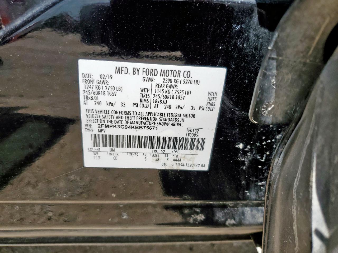 2019 Ford Edge Se VIN: 2FMPK3G94KBB75671 Lot: 64640805