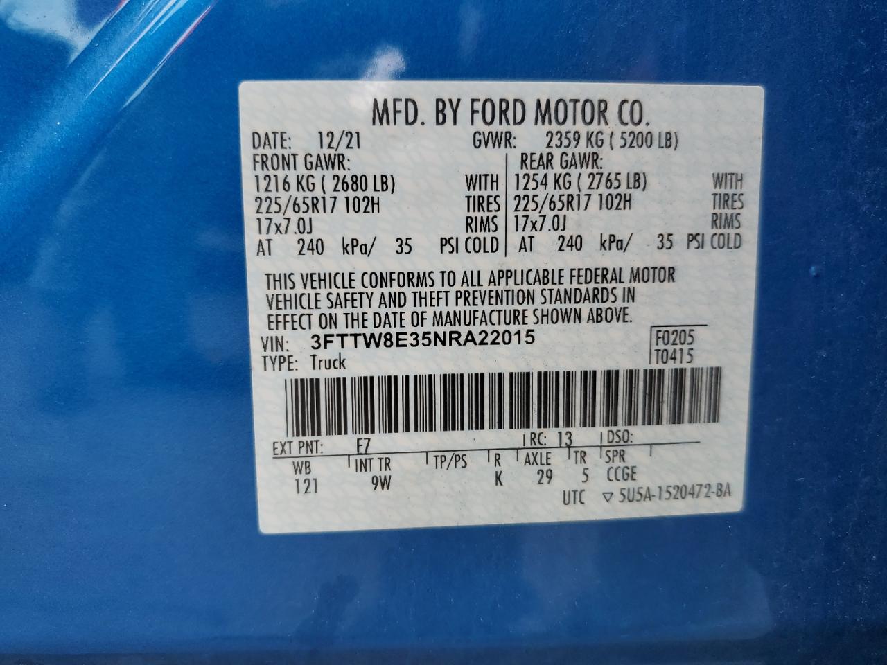 2022 Ford Maverick Xl VIN: 3FTTW8E35NRA22015 Lot: 65216635