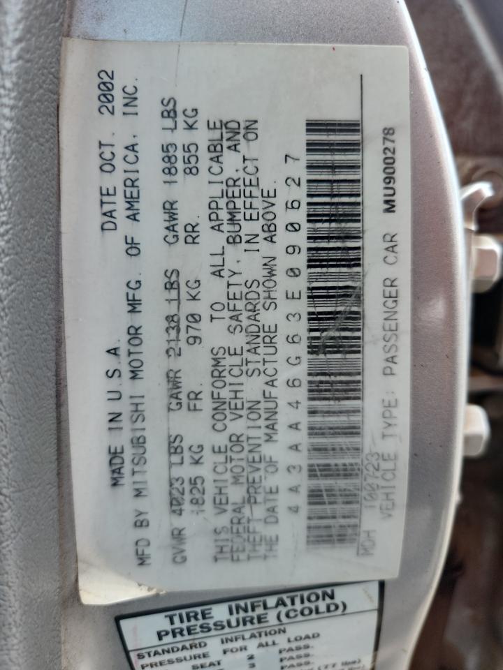 2003 Mitsubishi Galant Es VIN: 4A3AA46G63E090627 Lot: 65175095