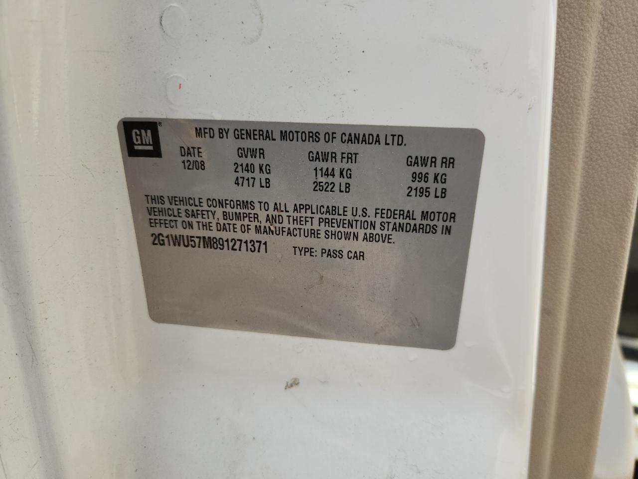 2009 Chevrolet Impala Ltz VIN: 2G1WU57M891271371 Lot: 61636525