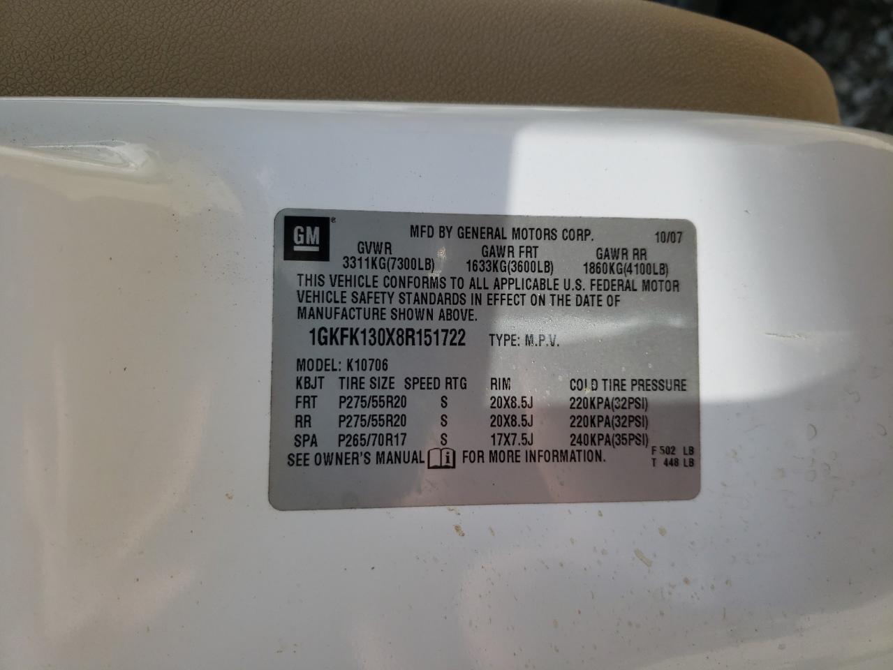 2008 GMC Yukon VIN: 1GKFK130X8R151722 Lot: 62484305