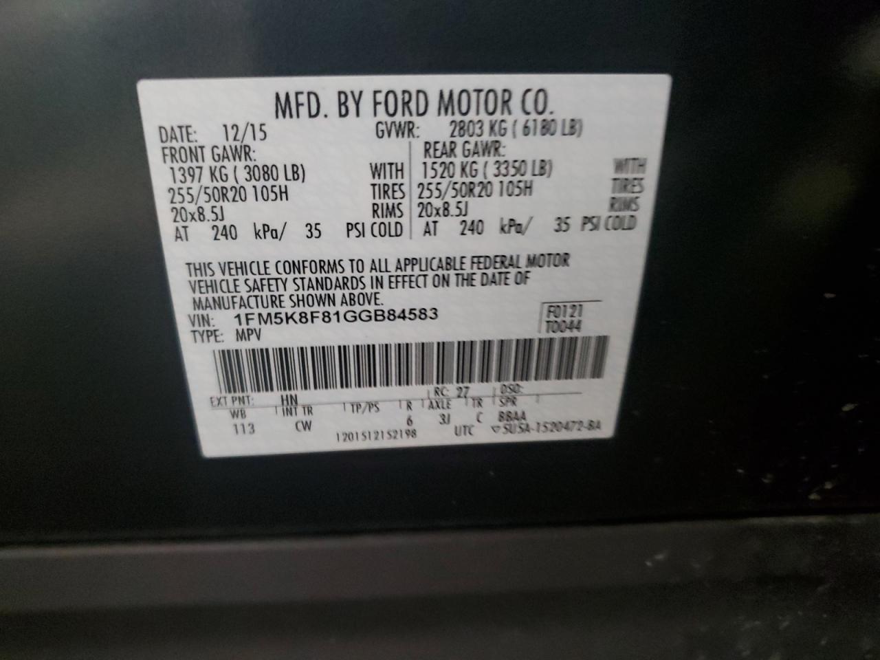 2016 Ford Explorer Limited VIN: 1FM5K8F81GGB84583 Lot: 62845285