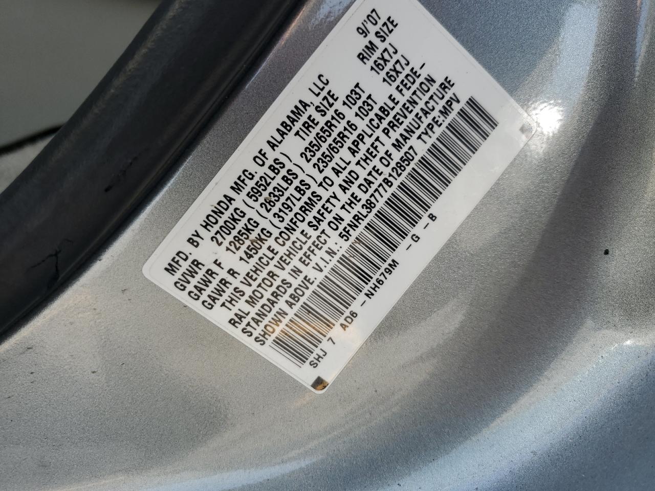 2007 Honda Odyssey Exl VIN: 5FNRL38777B128507 Lot: 64458195