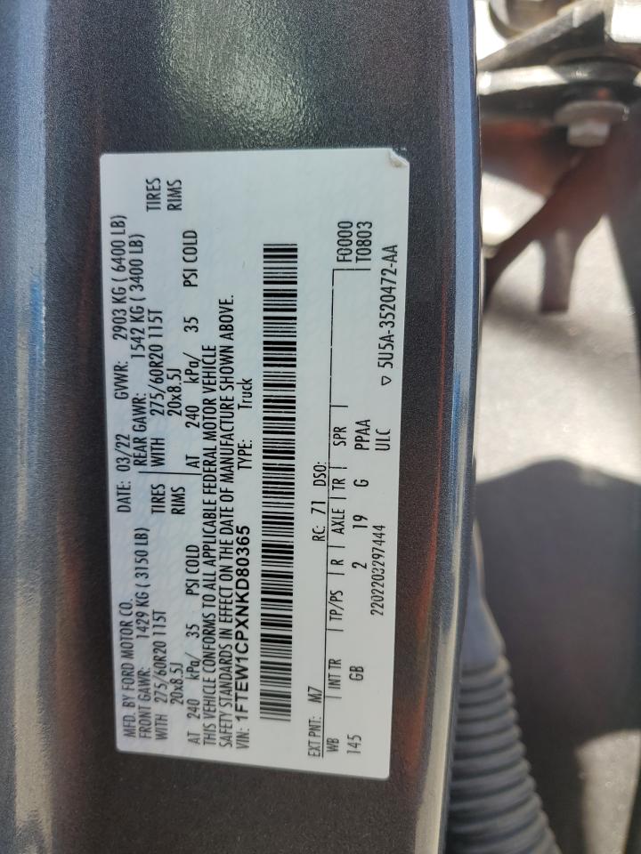 2022 Ford F150 Supercrew VIN: 1FTEW1CPXNKD80365 Lot: 63641285