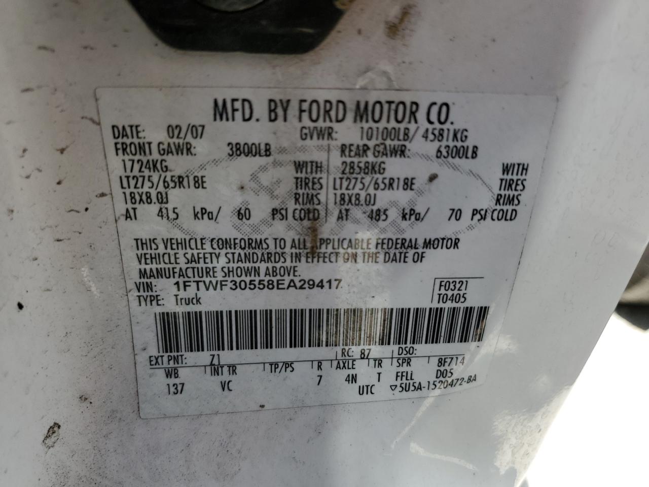 2008 Ford F350 Srw Super Duty VIN: 1FTWF30558EA29417 Lot: 62937355