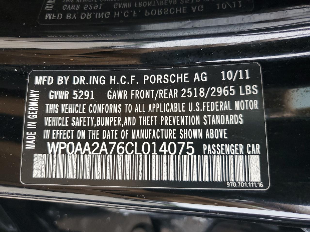 2012 Porsche Panamera 2 VIN: WP0AA2A76CL014075 Lot: 63737605