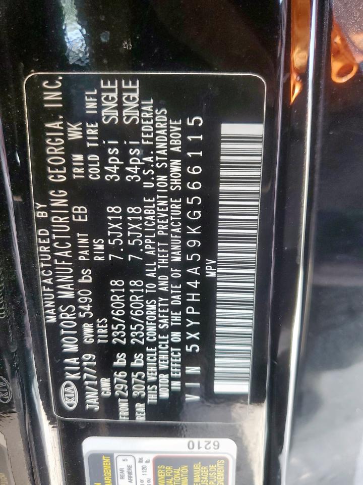 2019 Kia Sorento Ex VIN: 5XYPH4A59KG566115 Lot: 60780525
