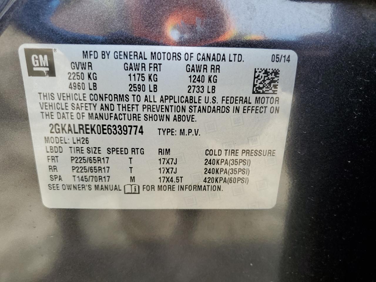 2014 GMC Terrain Sle VIN: 2GKALREK0E6339774 Lot: 65342425