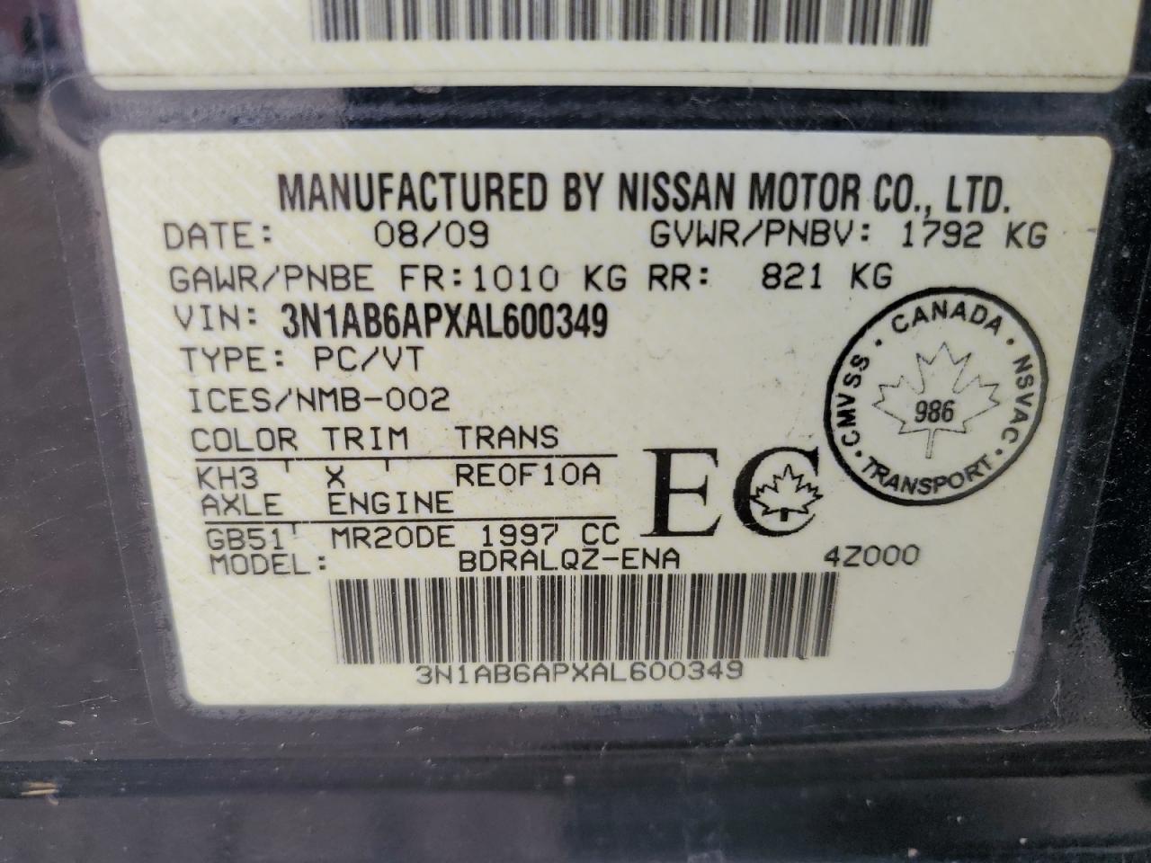 2010 Nissan Sentra 2.0 VIN: 3N1AB6APXAL600349 Lot: 62296745