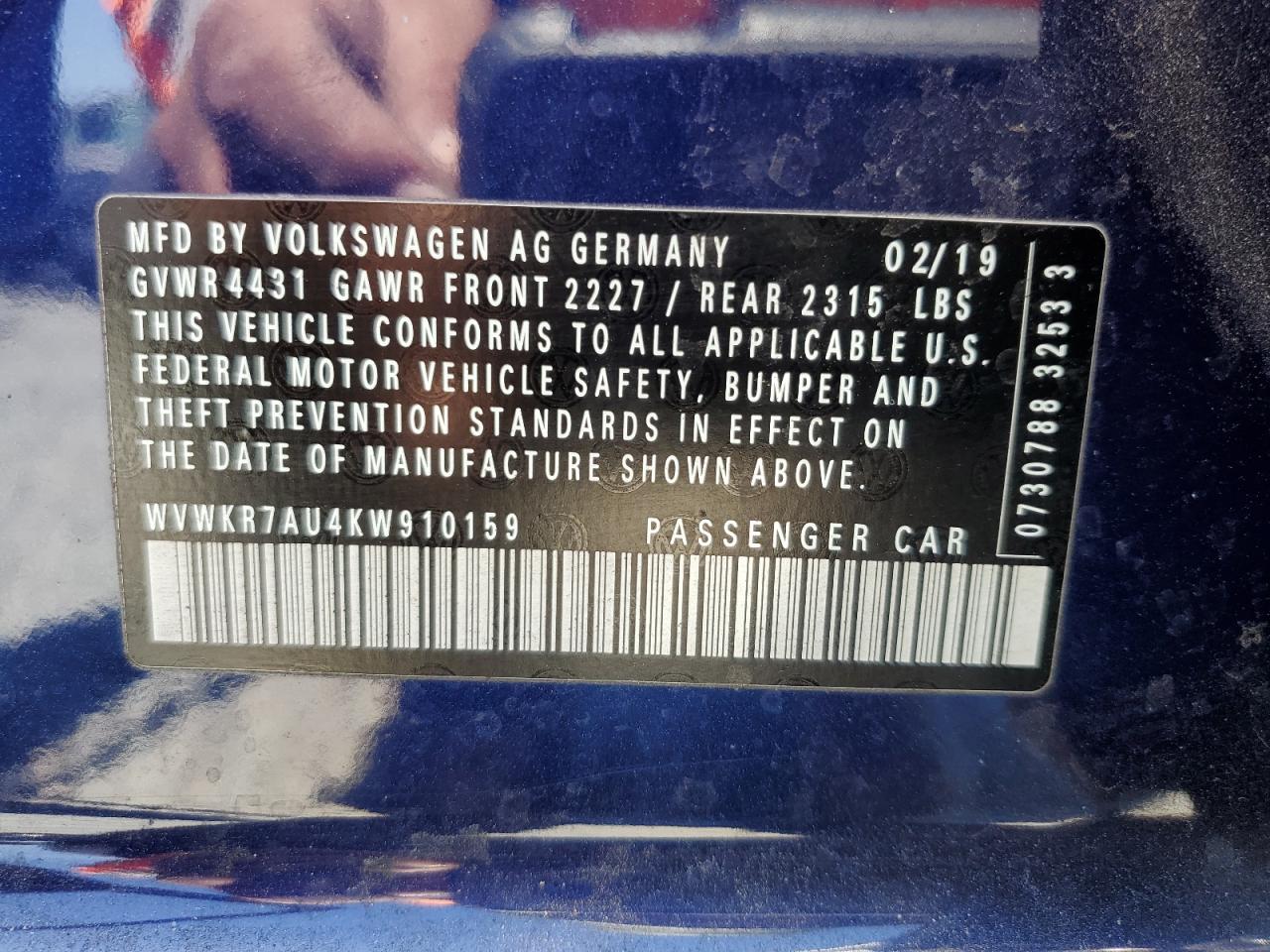 2019 Volkswagen E-Golf Se VIN: WVWKR7AU4KW910159 Lot: 64265925