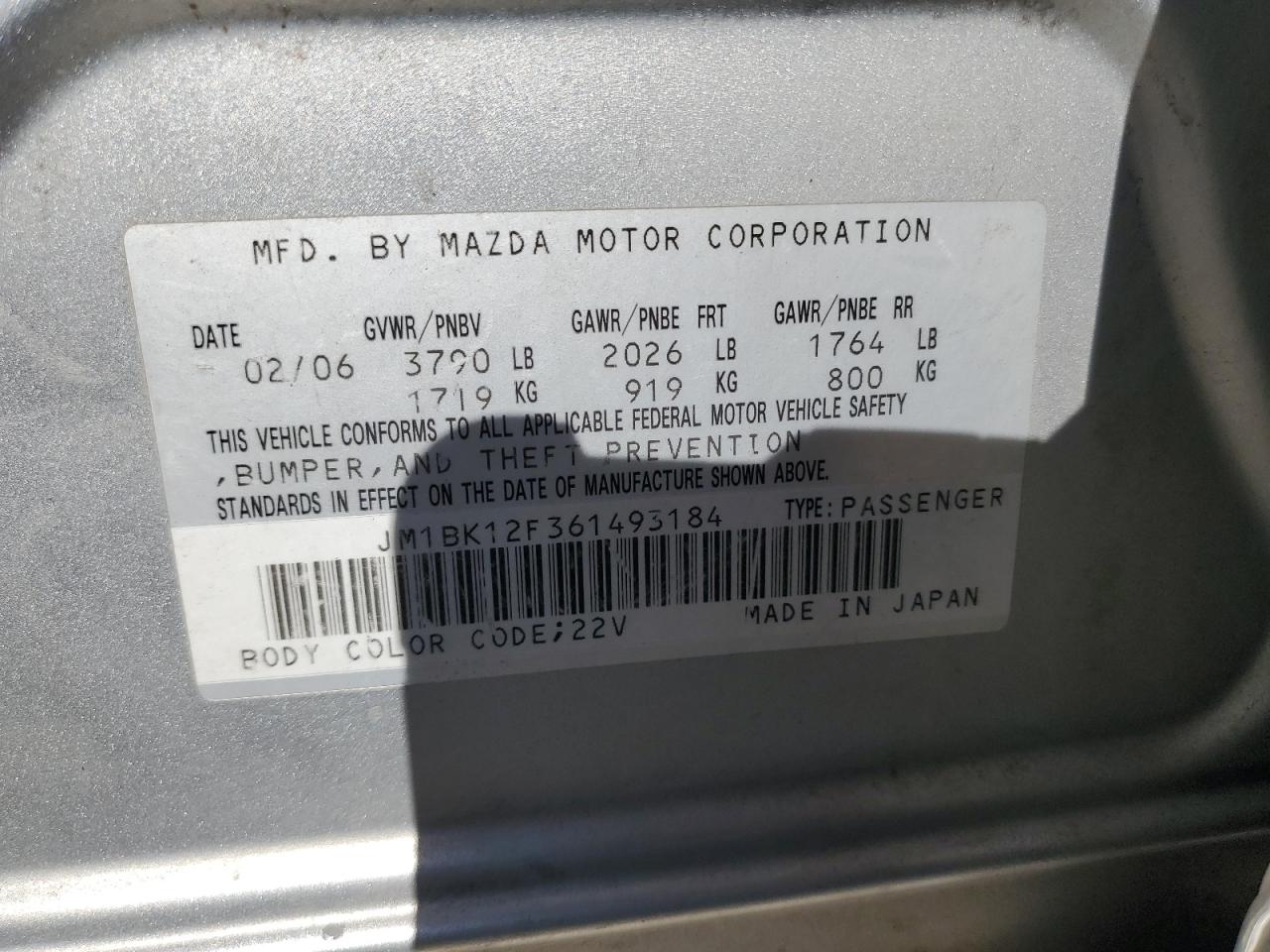 2006 Mazda 3 I VIN: JM1BK12F361493184 Lot: 66214945