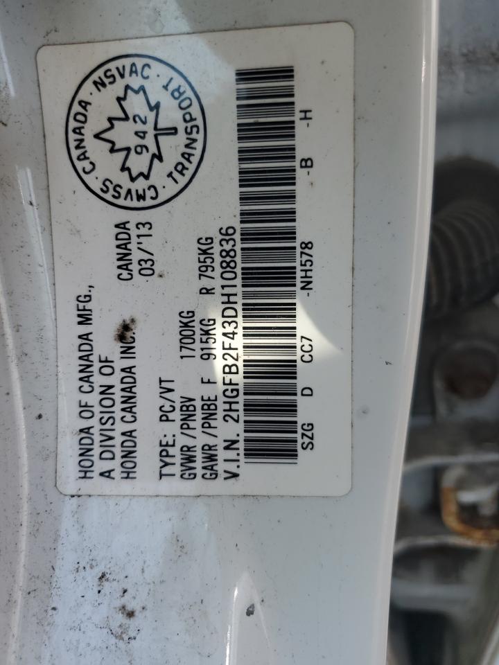 2013 Honda Civic Lx VIN: 2HGFB2F43DH108836 Lot: 64967845