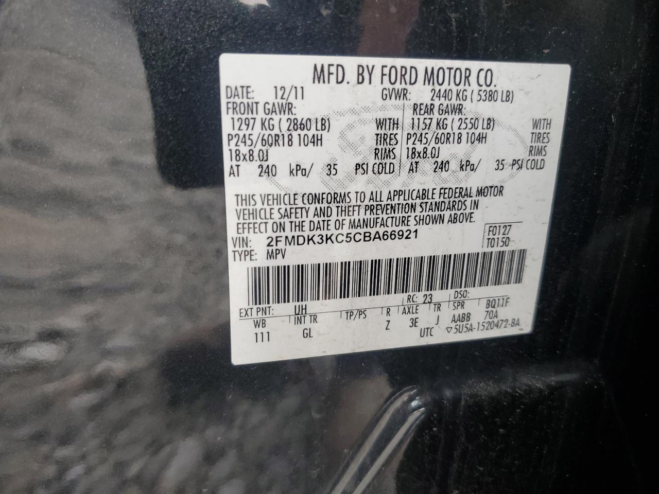 2012 Ford Edge Limited VIN: 2FMDK3KC5CBA66921 Lot: 64923185