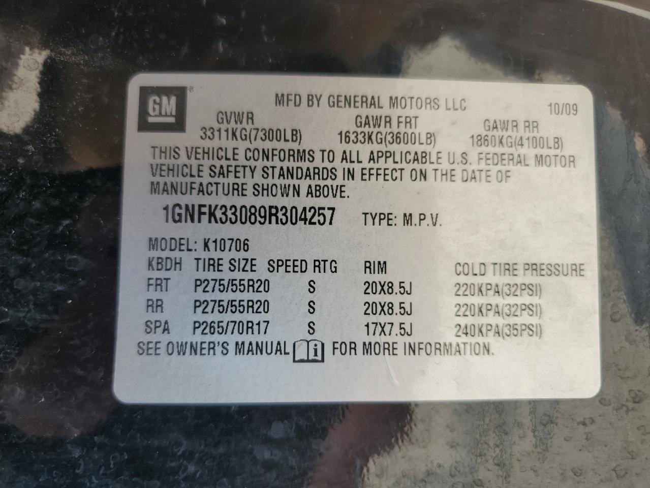 2009 Chevrolet Tahoe K1500 Ltz VIN: 1GNFK33089R304257 Lot: 62944365