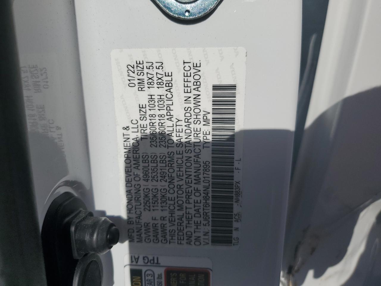 2022 Honda Cr-V Exl VIN: 5J6RT6H84NL017895 Lot: 63683925