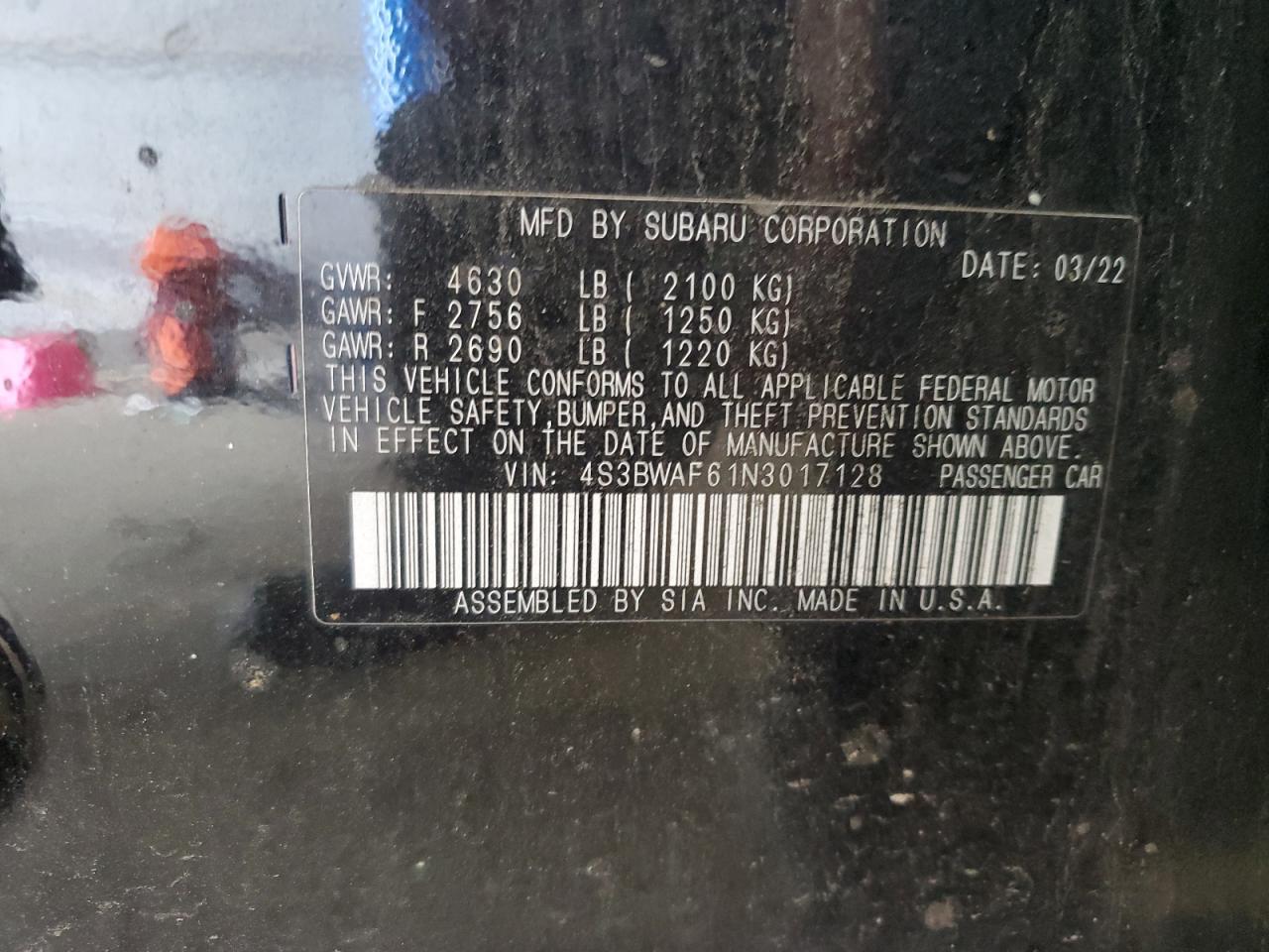 2022 Subaru Legacy Premium VIN: 4S3BWAF61N3017128 Lot: 64781665