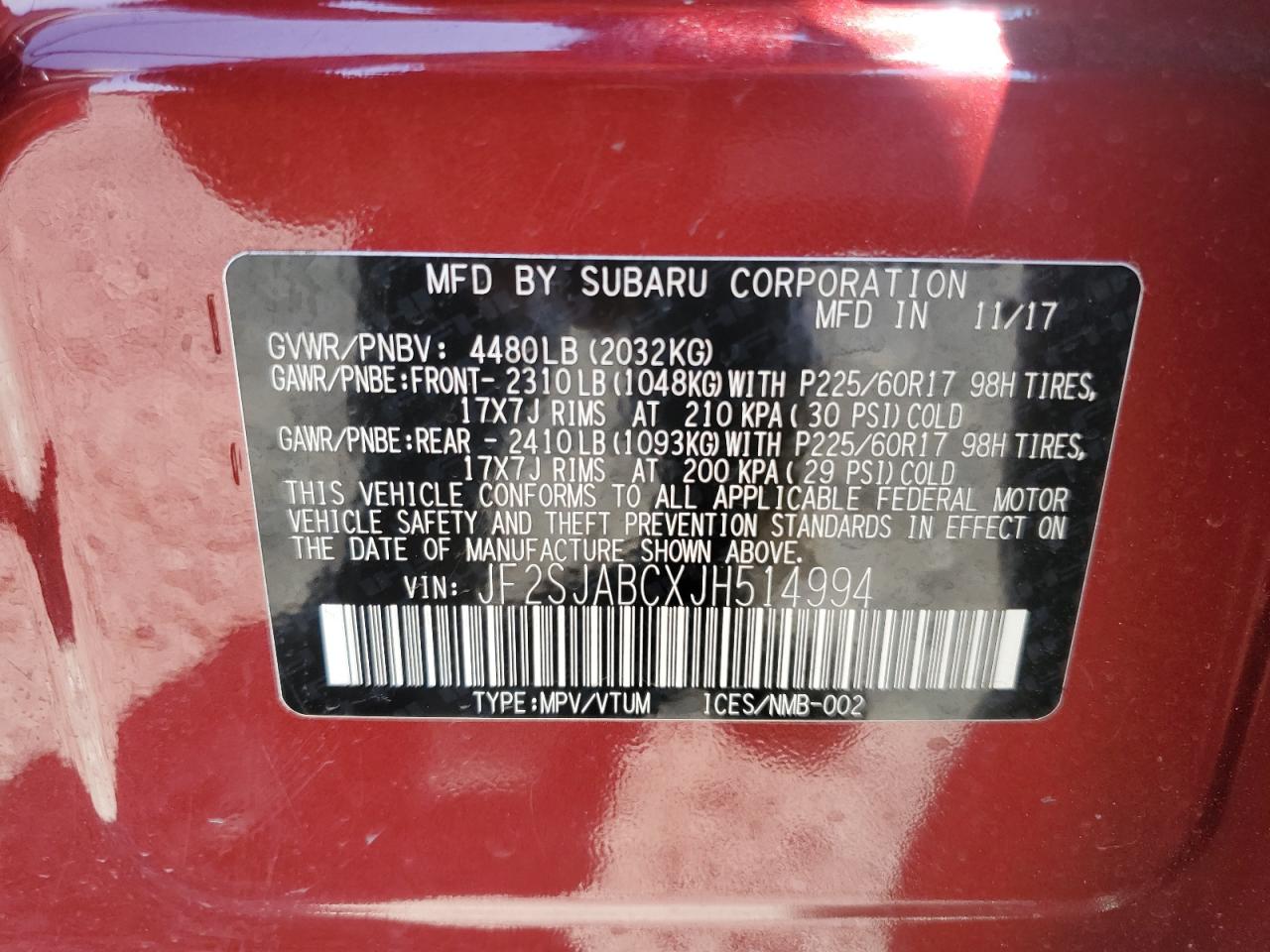 2018 Subaru Forester 2.5I VIN: JF2SJABCXJH514994 Lot: 65017395
