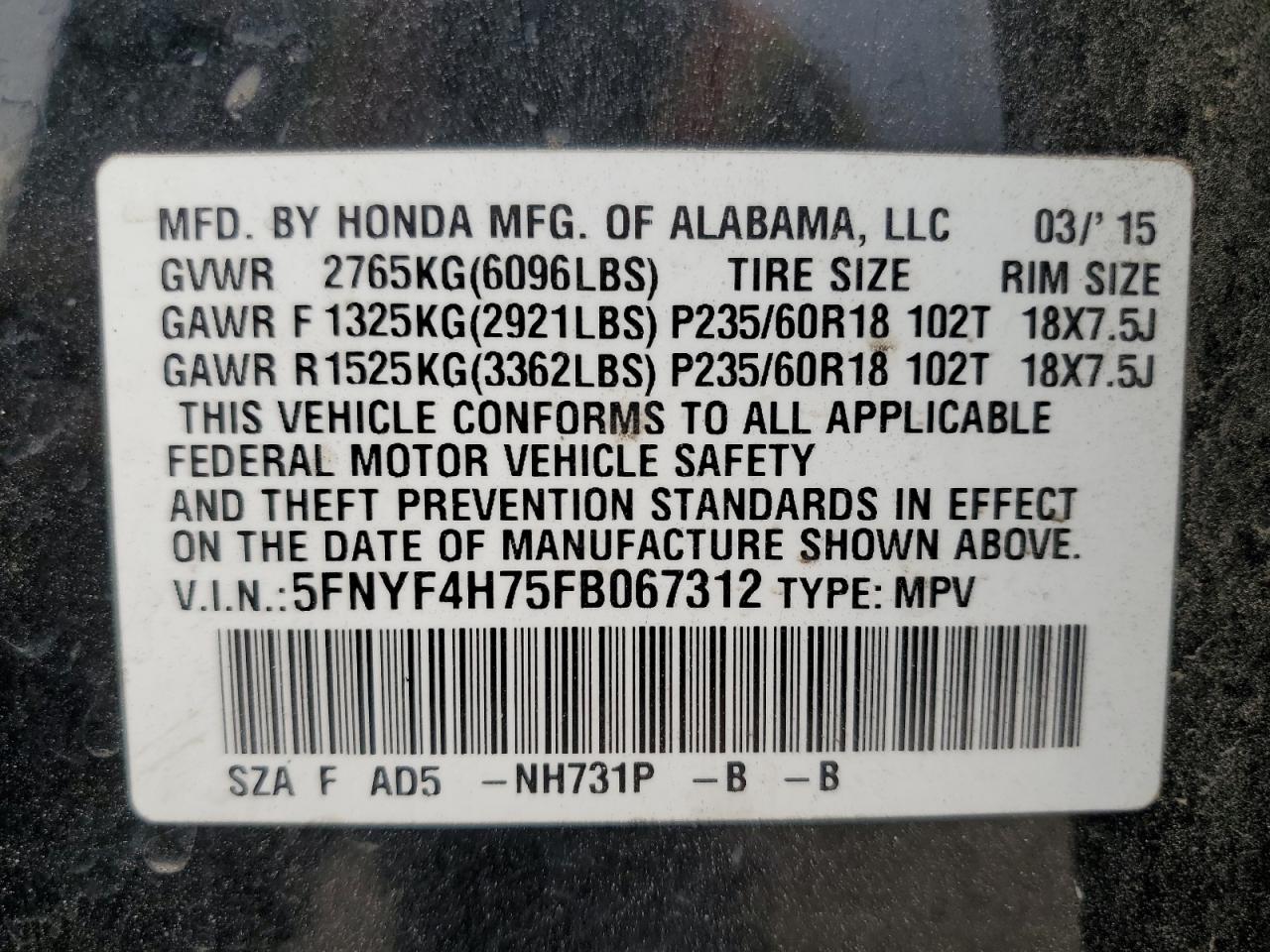 2015 Honda Pilot Exln VIN: 5FNYF4H75FB067312 Lot: 65169995