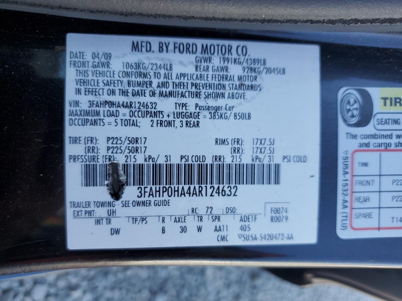 2010 Ford Fusion Se VIN: 3FAHP0HA4AR124632 Lot: 65374065