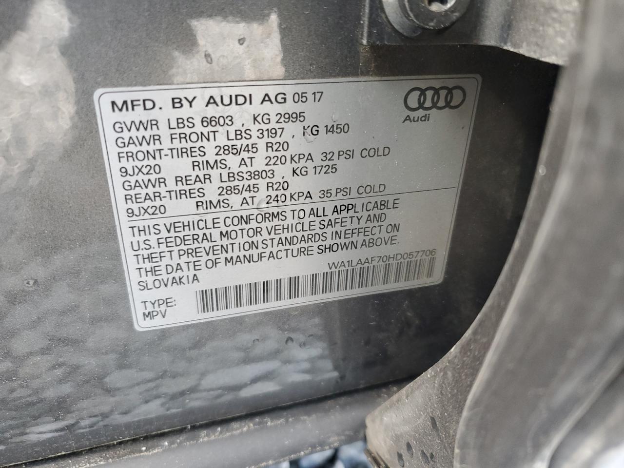 2017 Audi Q7 Premium Plus VIN: WA1LAAF70HD057706 Lot: 65590245