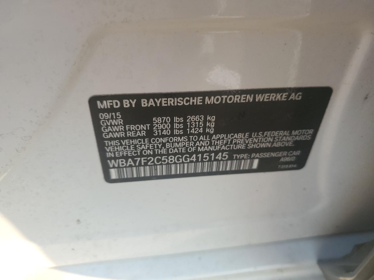 2016 BMW 750 Xi VIN: WBA7F2C58GG415145 Lot: 64574835