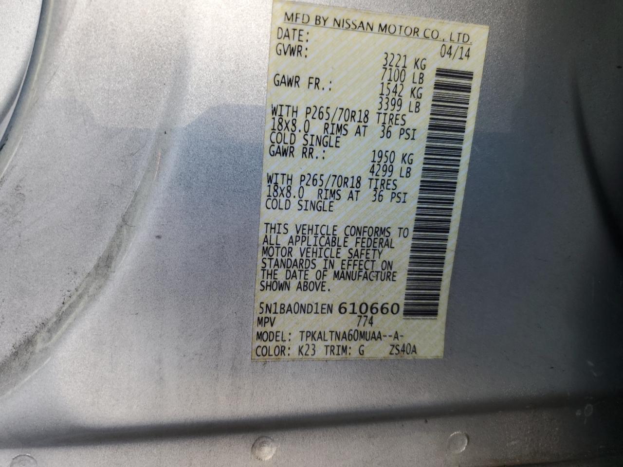 2014 Nissan Armada Sv VIN: 5N1BA0ND1EN610660 Lot: 61374225