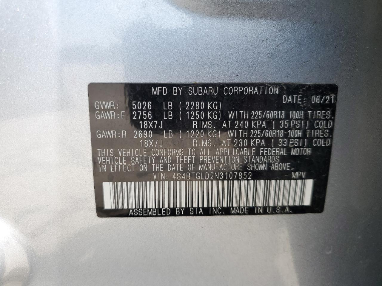 2022 Subaru Outback Onyx Edition Xt VIN: 4S4BTGLD2N3107852 Lot: 63777635