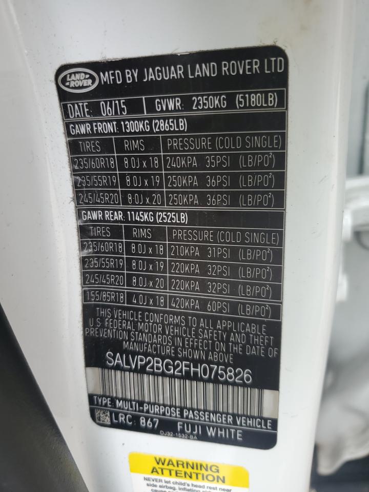 2015 Land Rover Range Rover Evoque Pure Plus VIN: SALVP2BG2FH075826 Lot: 66618215