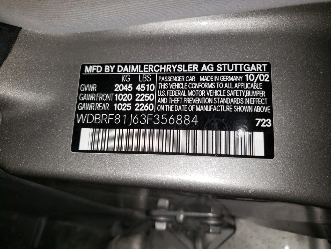 2003 Mercedes-Benz C 240 4Matic VIN: WDBRF81J63F356884 Lot: 63701705