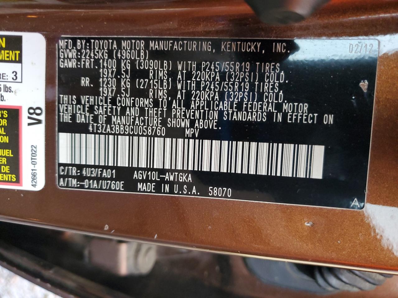 2012 Toyota Venza Le VIN: 4T3ZA3BB9CU058760 Lot: 64542745
