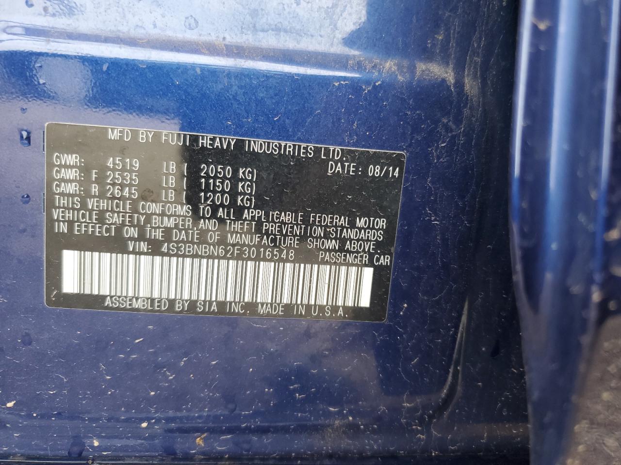 2015 Subaru Legacy 2.5I Limited VIN: 4S3BNBN62F3016548 Lot: 64496805