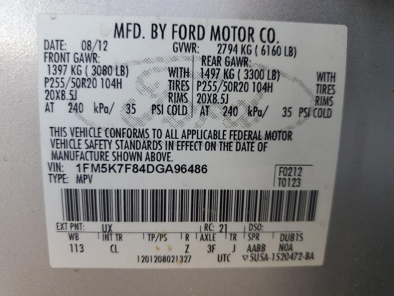 2013 Ford Explorer Limited VIN: 1FM5K7F84DGA96486 Lot: 64571215