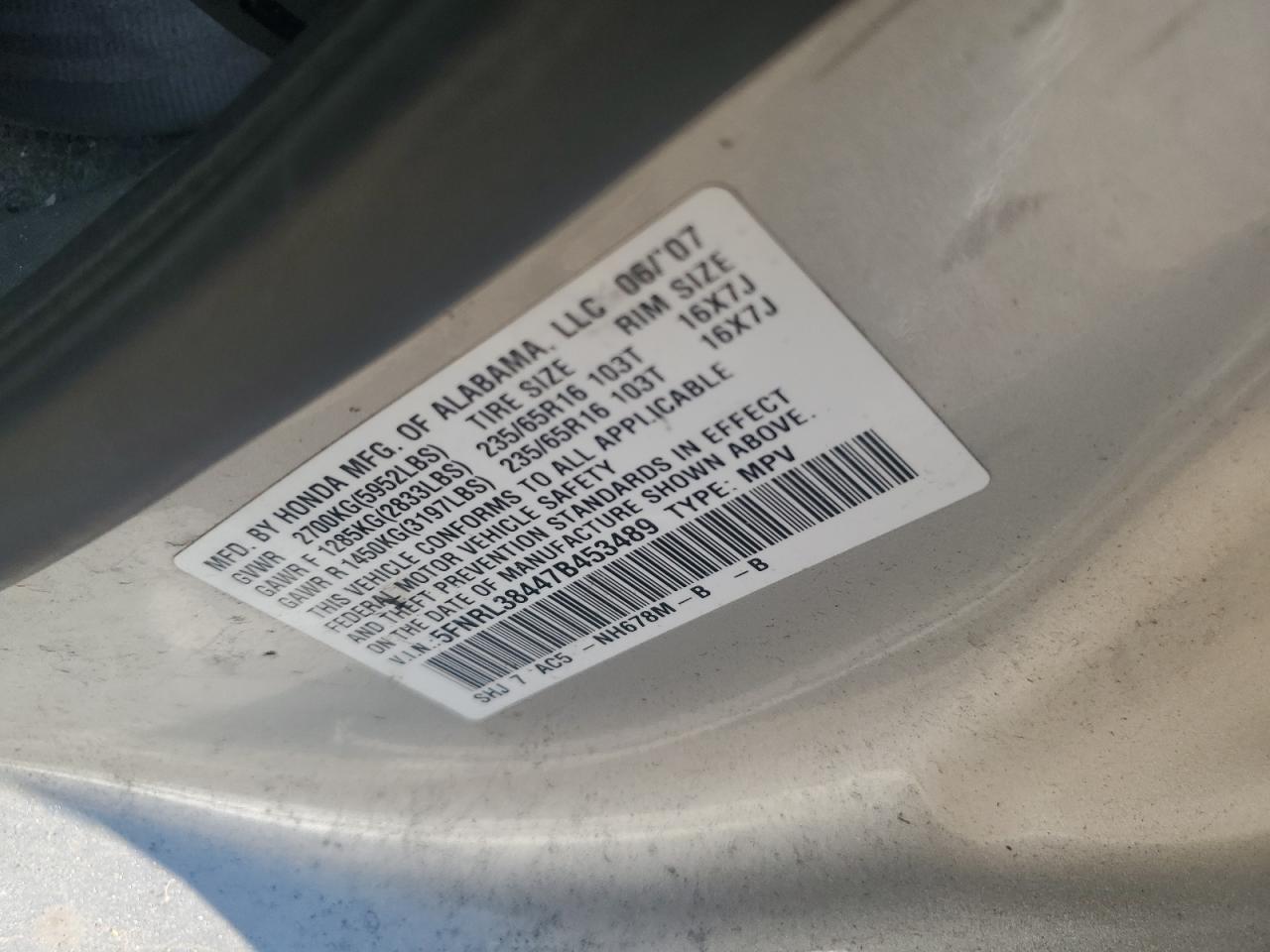2007 Honda Odyssey Ex VIN: 5FNRL38447B453489 Lot: 62841325