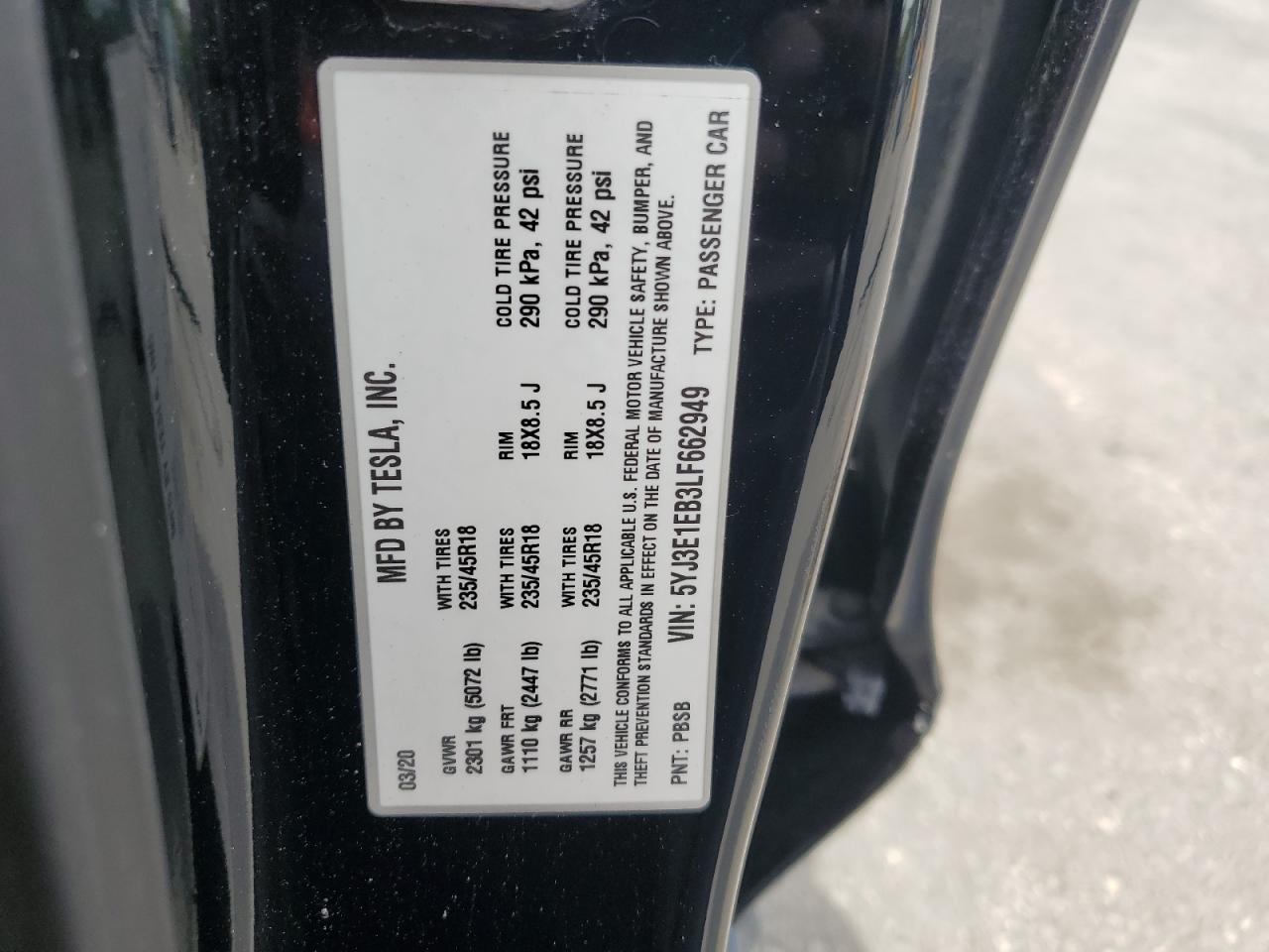 2020 Tesla Model 3 VIN: 5YJ3E1EB3LF662949 Lot: 63547125