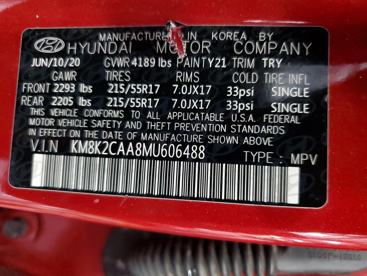 2021 Hyundai Kona Sel VIN: KM8K2CAA8MU606488 Lot: 63120125