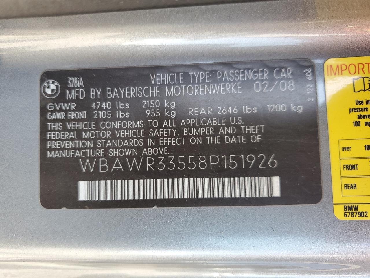 2008 BMW 328 I Sulev VIN: WBAWR33558P151926 Lot: 66968615