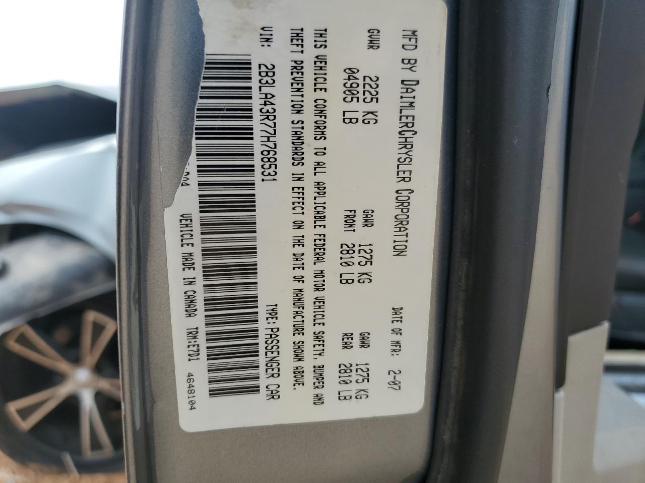 2007 Dodge Charger Se VIN: 2B3LA43R77H768531 Lot: 64093505